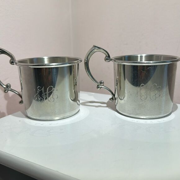 Pewter Small Cups Handles Monogrammed Set of Two - Picture 1 of 8